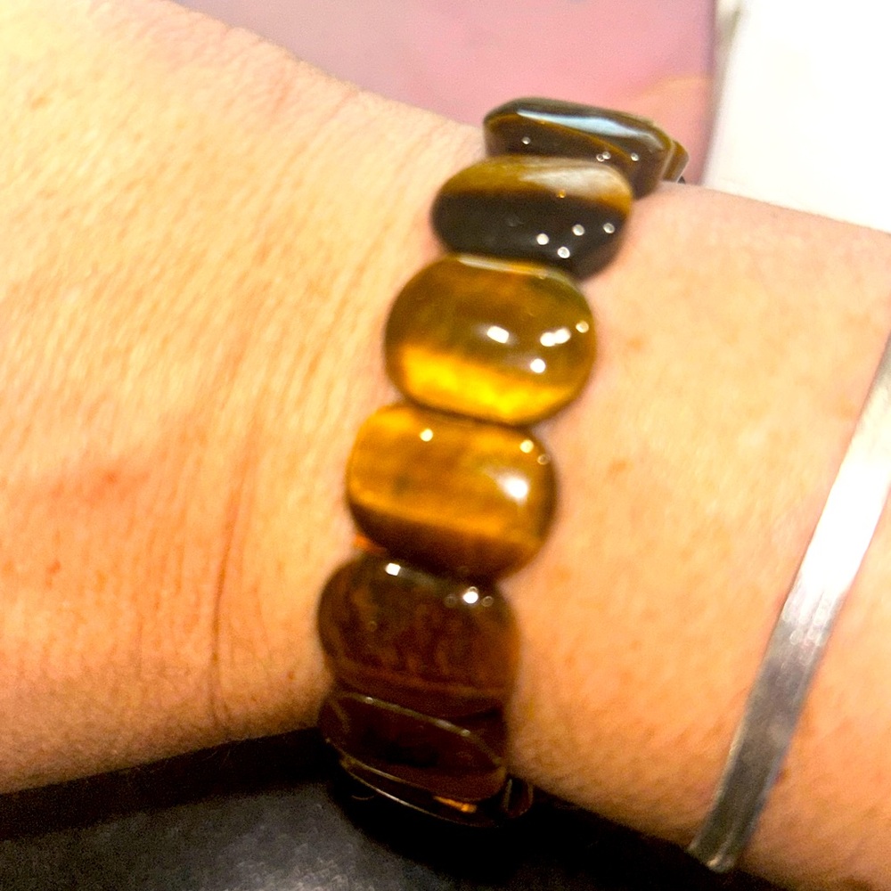 Vintage Amber Stone Bracelet, 15 Polished Burnt Orange Rock Strung On 8” Elastic